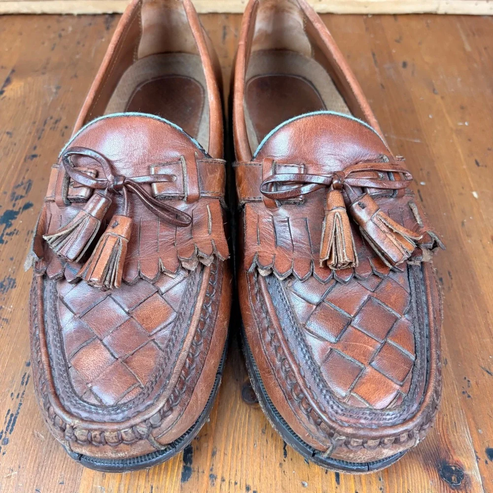 Vintage Brown Leather Woven Kiltie Tassel‎ Loafer Mens 9M Slip On Cognac Brown